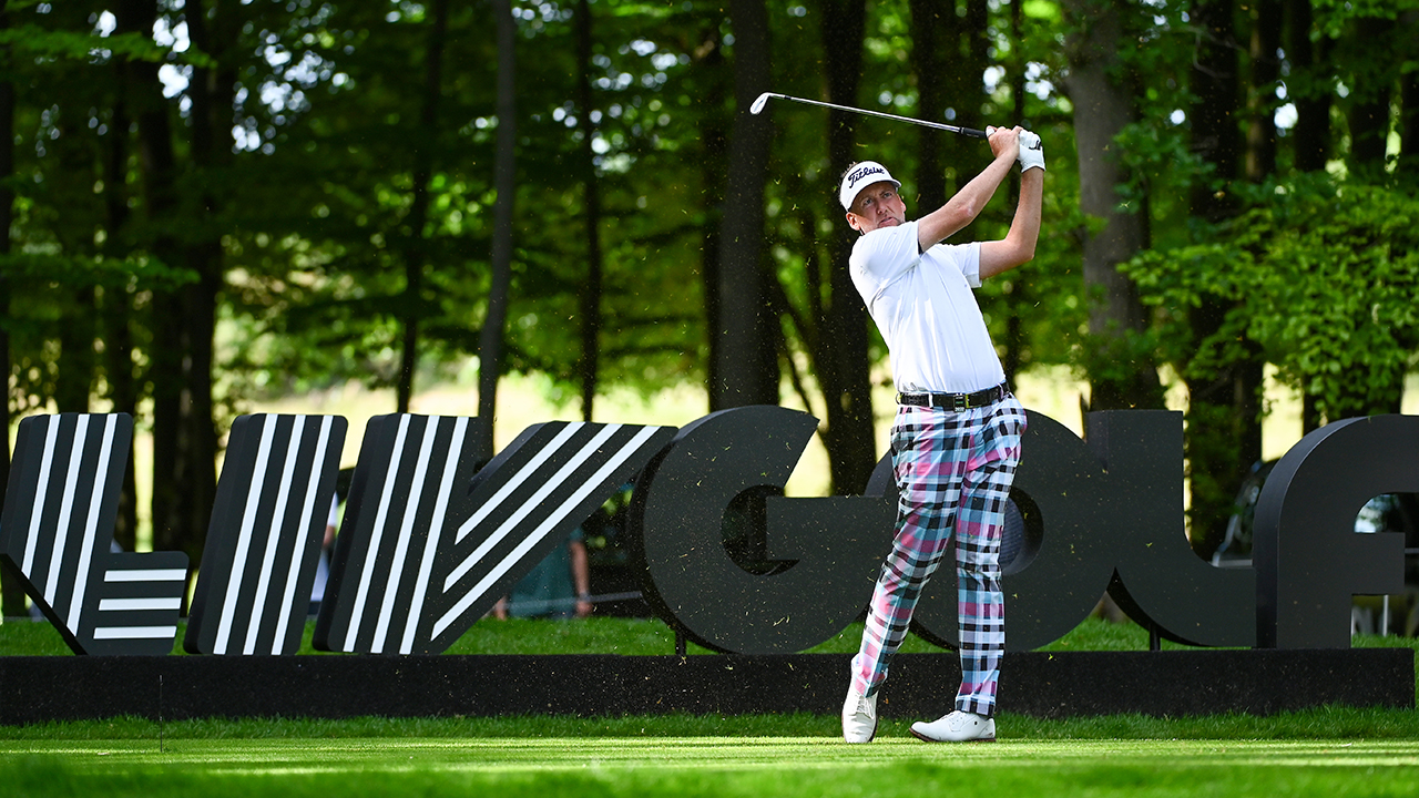 Ian Poulter of Majesticks GC tees off on the fifth hole during day two of the LIV Golf Invitational - London at The Centurion Club on June 10, 2022 in St Albans, England. 